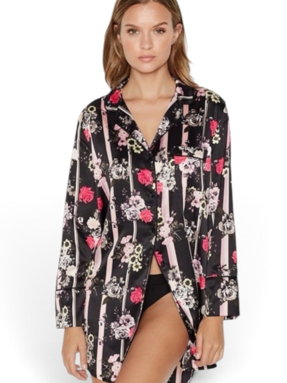 Victoria's Secret Black Floral Stripe Satin Sleep Dress Nightgown Women’s Size M
